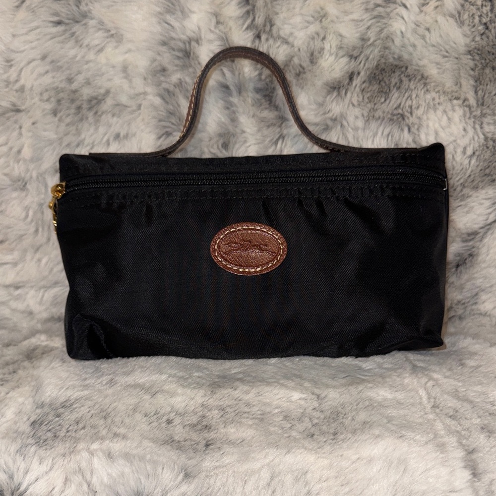 Longchamp Black Cosmetic Pouch with Brown Leather Trim